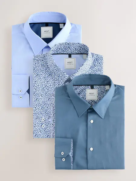 Blue Regular Fit Easy Care Single Cuff Smart Shirts 3 Pack