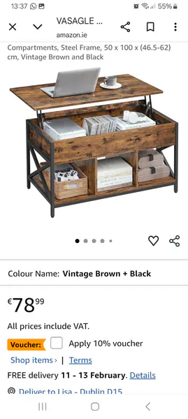 VASAGLE LCT202B01 Living Room Table with Lift Top, Coffee Table, Hidden Compartment and Open Compartments, Steel Frame, 50 x 100 x (46.5-62) cm, Vintage Brown and Black