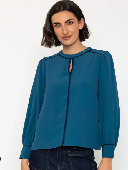 Teal Trim Top with Keyhole Detail & Contrast Trim