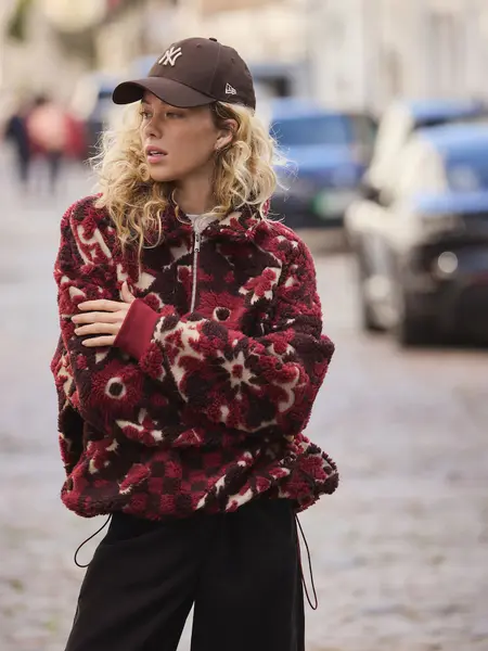 Burgundy Red Floral Jacquard Teddy Borg Quarter Zip Fleece Sweatshirt