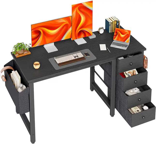 BEXEVUE Desk with 4 Drawers, 120cm Gaming Comuputer Desk with Fabric Storage Drawers, Small Reversible Home Office Writing Table for Small Spaces, Black