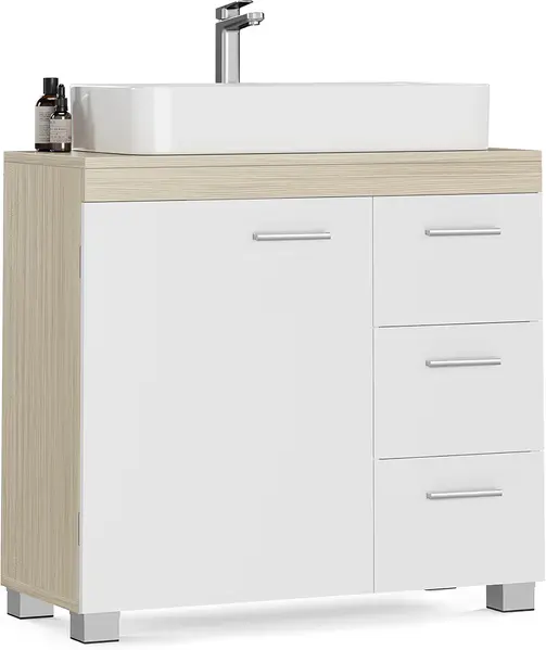 VASAGLE BBK503K01V1 Bathroom Cabinet 3 Large Drawers 30 x 70 x 64 cm Bathroom Cabinet 2 Compartments Behind the Door Bathroom Cabinet with Feet Cloud White Natural Beige