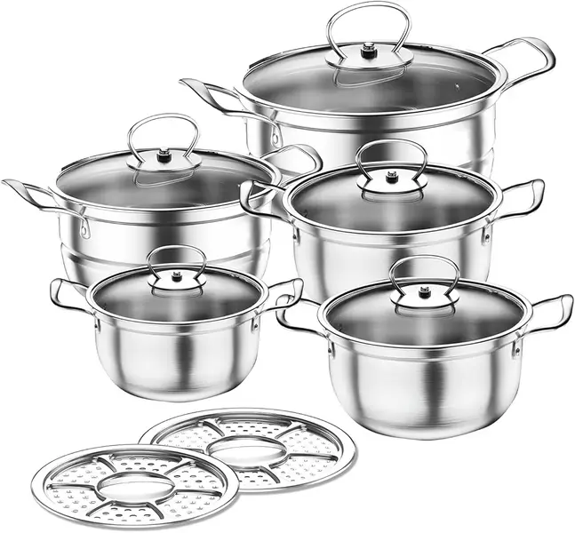 5 Pack Pots and Pans Sets Non Stick with Glass Lid,Handle,Kitchen Stainless Steel Pan Set for Cooking,Steamer Saucepan Set Cookware Pots and Pans Set Works with Induction,Electric,Gas Cooktops