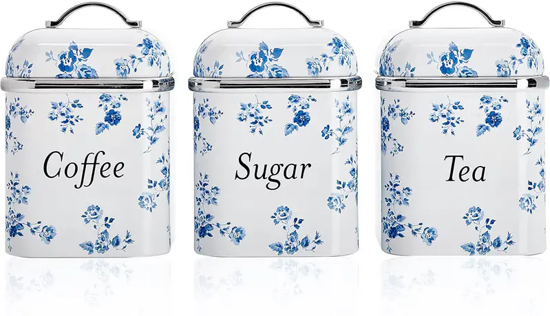 VQ Laura Ashley Tea Coffee and Sugar Canisters Set of 3 Stainless Steel Tea Sugar and Coffee Containers Set with Removable Lids - Printed Storage Jars & Kitchen Canisters - China Rose