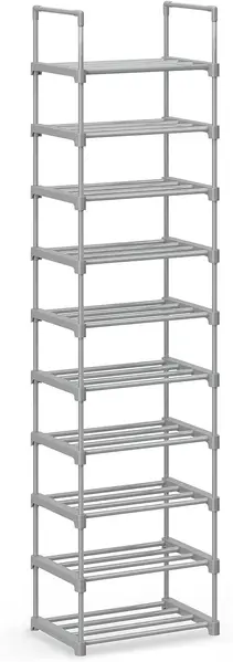 SONGMICS 10-Tier Shoe Rack, Tall Open Shoe Cabinet, Narrow Shoe Stand, Metal Shoe Storage, Space Saving, for Dressing Room, Hallway, 30 x 45 x 174 cm, Grey 