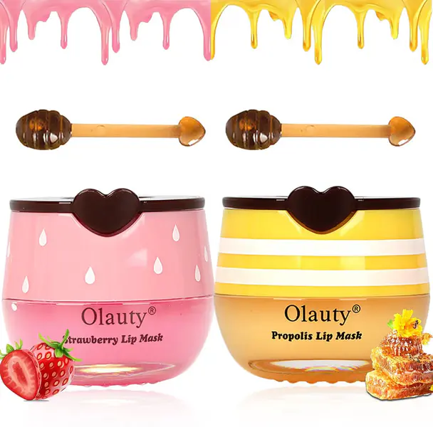 2pcs Bee Balm Honey Pot Lip Balm, Moisturizing Lip Mask with Strawberry and Honey to Reduce Fine Lines, Night Lip Mask (Honey+Strawberry)