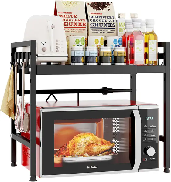 Adjustable Microwave Rack, 2-Tier Expandable Kitchen Microwave Stand Shelf, Carbon Steel Microwave Holder, Kitchen Storage Organiser with 8 Hooks, Black