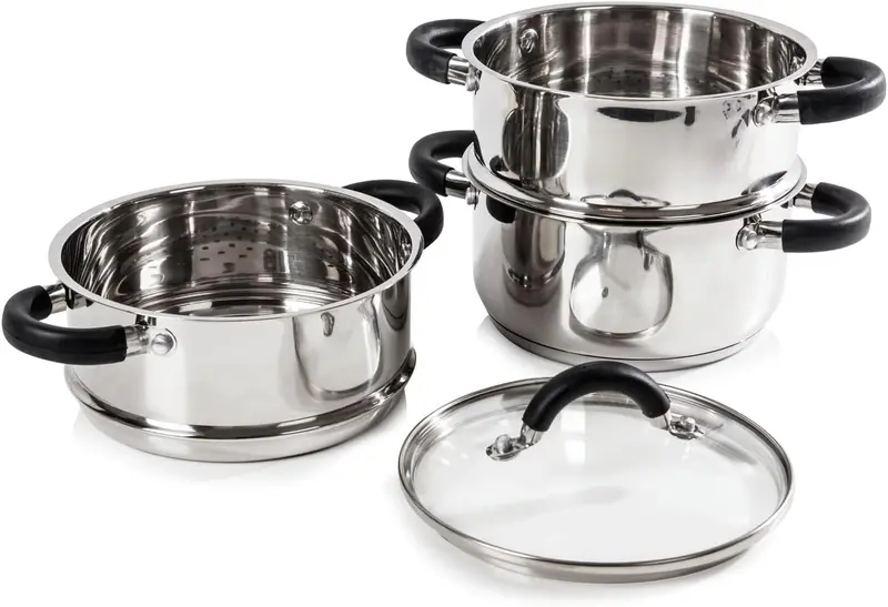 TOWER T80836 Essentials Induction Pot 3-Layer with Glass Lid and Silicone Handles Potato Steamer Stainless Steel with Polished High Gloss Surface 18 cm Silver 