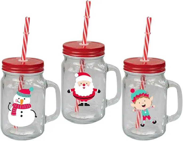 Invero® 3X Set of Christmas Design Drinking Glass Jar Mugs with Handle Screw Top Tin Lid and Straw