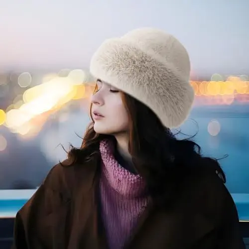 Fluffy Bucket Hat Fur Hats for Women Winter Warm Fur Bucket Hat Thicken Plush Faux FurHat Fluffy Hat Womens WinterHats forWomen Ladies Furry Hats for Women