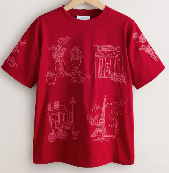 Red Paris Pink Embroidered Heavyweight Short Sleeve Crew Neck T Shirt