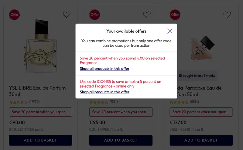 Save 20 percent when you spend €80 on selected Fragrance Deal stack 