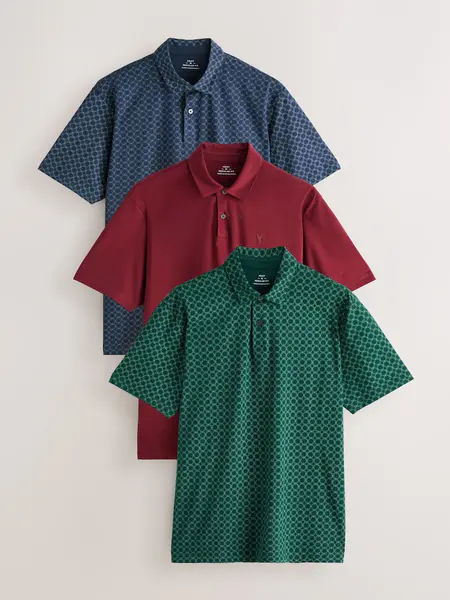 Navy/Red/Green Geo Printed Short Sleeve Jersey Polo Shirts 3 Pack