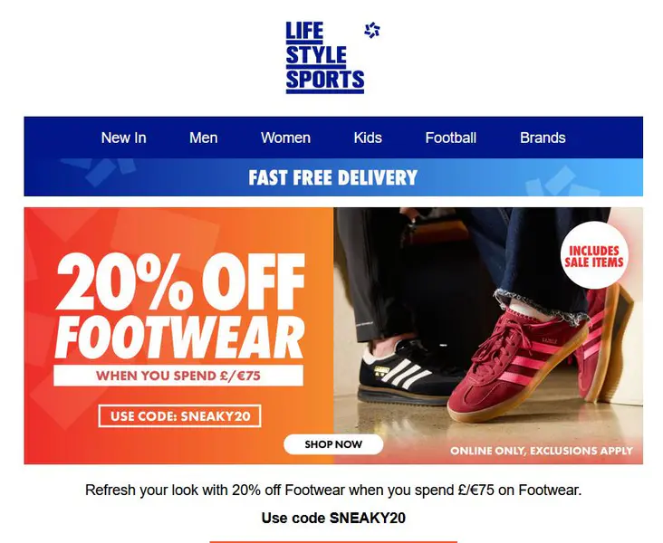 20% off footwear at Life Style Sports when you spend €75