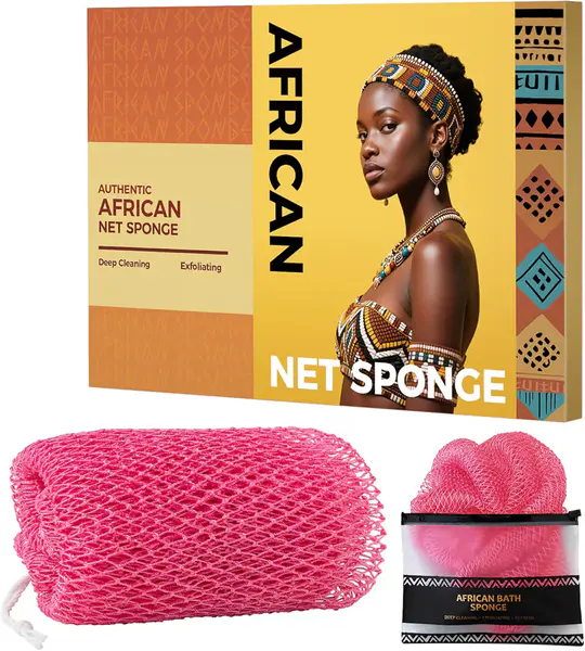 African Net Sponge Authentic - 2 Pieces Body Back Scrubber Bath Sponge with Knots - Afro Loofah Exfoliator Wash Cloth - African Body Care Daily Use Bathing Accessories (Pink)