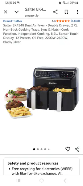 Salter EK4548 Dual Air Fryer - Double Drawer, 2 XL Non-Stick Cooking Trays, Sync & Match Cook Function, Independent Cooking, 8.2L, Sensor Touch Display, 12 Presets, Oil Free, 2200W-2600W, Black/Silver