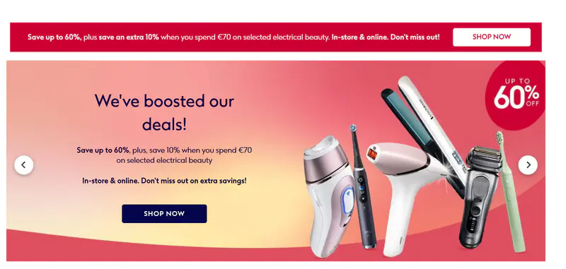 Save up to 60%, plus save an extra 10% when you spend €70 on selected electrical beauty