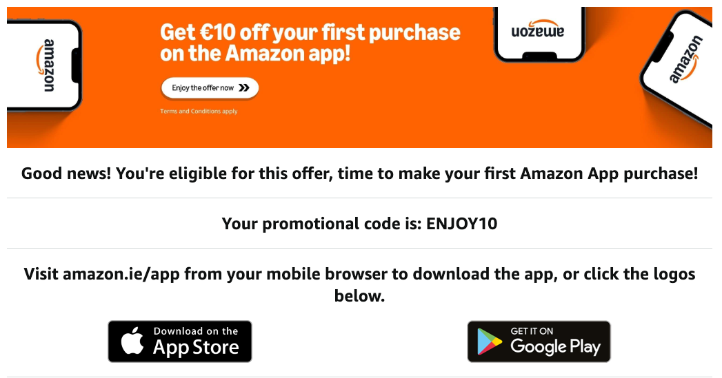 Get €10 off your first purchase on the Amazon app