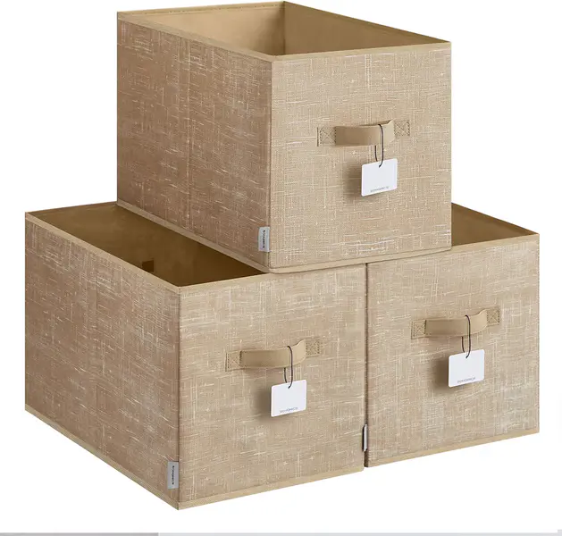 SONGMICS Storage Box Set of 3, Foldable, Fabric Storage Boxes, 50 x 30 x 30 cm, for Wardrobe, 2 Handles, Label, for Bedroom Living Room, Sand Beige ROB450K01
