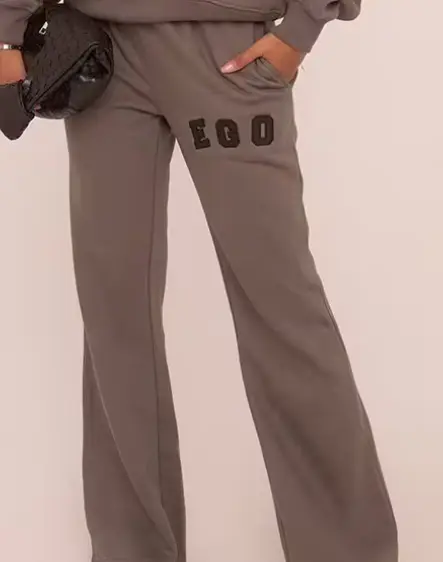 High Waist Ego Graphic Slogan Flared Leg Joggers In Grey