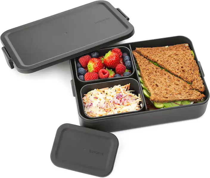 Brabantia - Make & Take Lunch Box Bento (2L) - Removable Compartments for Food Separation - Lid with Clips - Suitable for Freezer - Dishwasher & Microwave Safe - Dark Grey - 25.5 x 16.7 x 6.2 cm