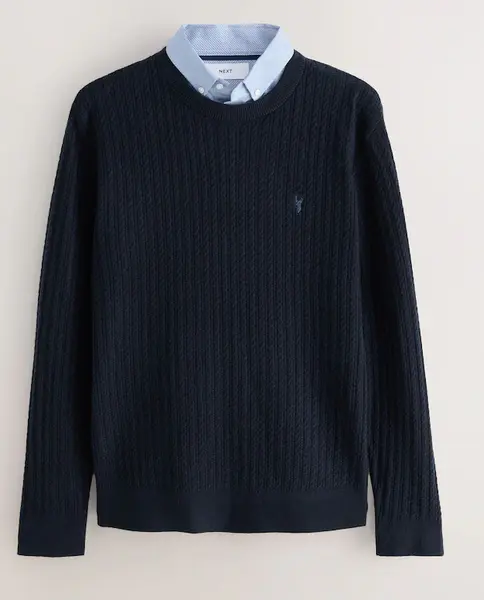 Navy Blue Regular Fit Mini Cable Mock Shirt Jumper
