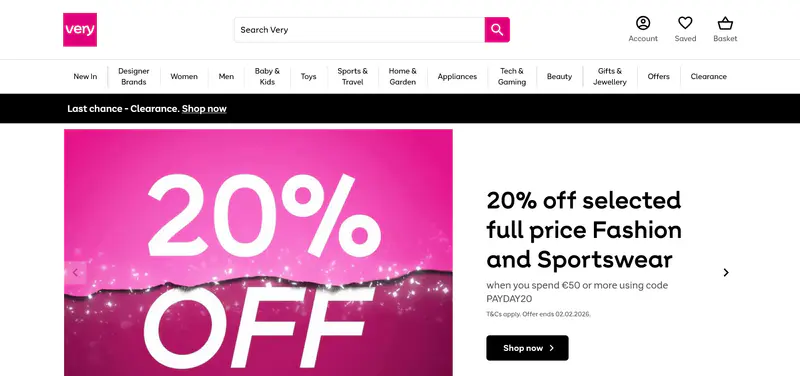 20% selected Fashion & Sportswear orders €50+ at Very