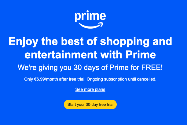 Amazon.ie Prime Only €6.99/month with 30 day free trial