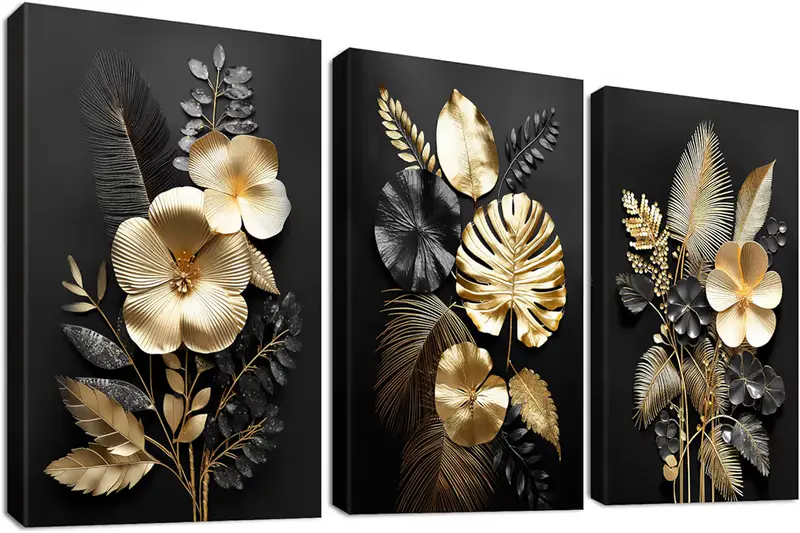 3 Panels Wooden Framed 3D Black Gold Flowers Canvas Wall Art Tropical Monstera Coconut Leaves Painting on Canvas Prints Pictures for Living Room Bedroom Home Wall Decoration 150x70cm(20"x28"x3pcs)