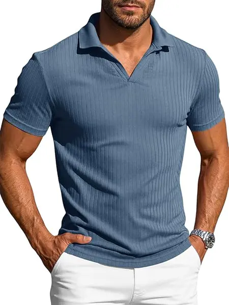 Runcati Men's Polo Shirt Short Sleeve V-Neck T-Shirt Knitted Slim Fit Polo Shirt Summer Plain Golf Shirts Leisure Stretch Tops 