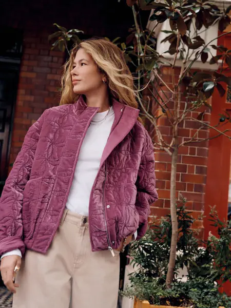Pink Velvet Funnel Neck Quilted Jacket