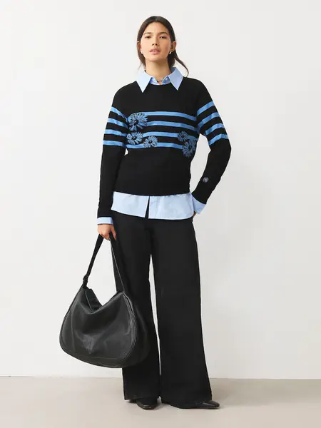 Black/Blue Floral Stripe Soft Touch Crew Neck Cotton Rich Jumper