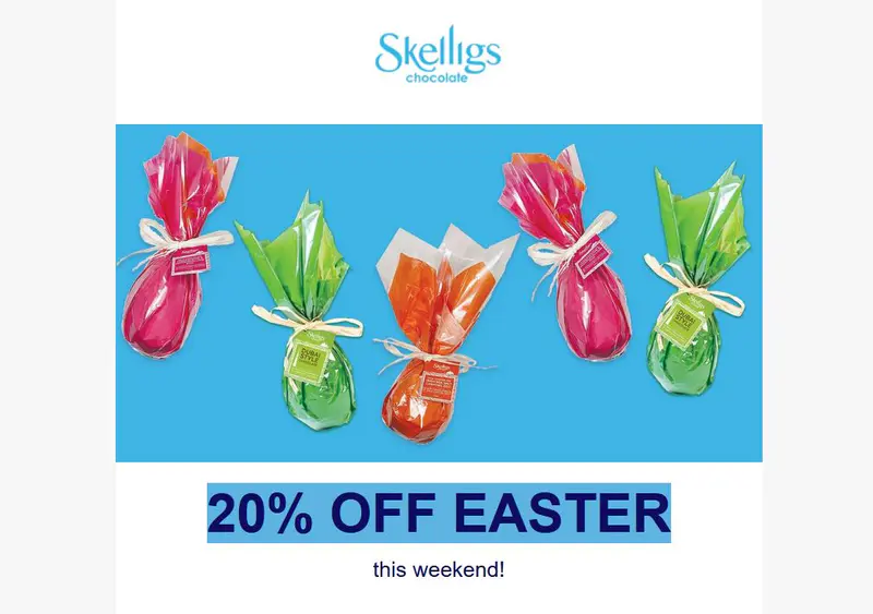 20% off Easter Eggs Skelligs Chocolates this weekend