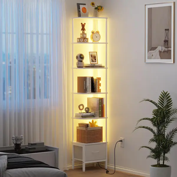 Corner Shelf with Fabric Drawer and LED Light, 6 Tier Narrow Bookshelf, Bookcase for Living Room Bedroom, Tall Narrow Shelving Unit, White