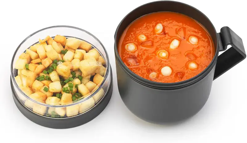 Brabantia - Make & Take Soup Mug 0.6L - with Screw-On Toppings Container (180 ml) & Handle - Leakproof - Large Opening - Suitable for Freezer - Dishwasher & Microwave Safe - Dark Grey