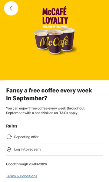 McDonald’s free coffee every week in September via McDonald’s App