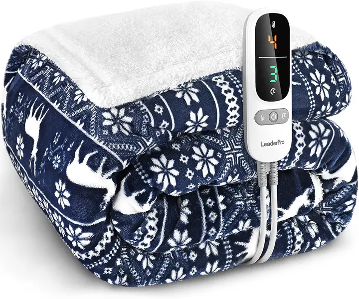 Festival Electric Blanket Double,1.6 * 1.8M Heating Blanket, Flannel&Fleece Heated Throw Blanket, PTC+NTC Technology, 9h Timer, 9 Temperature Adjustable, Overheat Protection,Washable, Dark Blue
