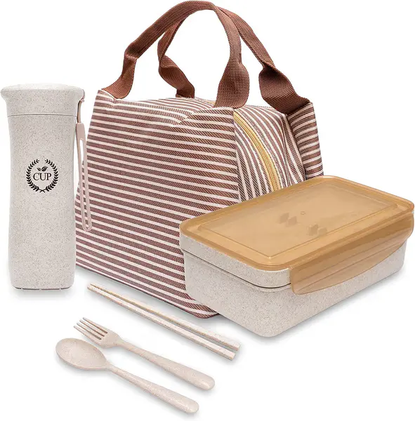 Eco-Friendly 11OO ML Lunch Box with Compartments, Bottle & Cutlery, Leak-Proof Bento Lunch Box for Work, School & Travel, Microwave Safe Lunchbox, Added Lunch Bag for Women, Men & Kids