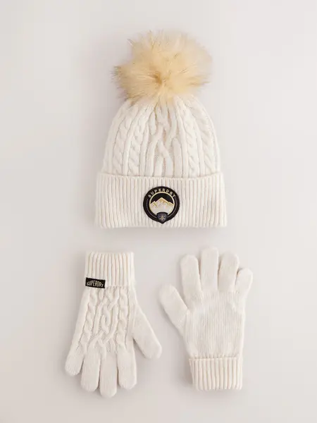 Superdry Cream Pom Hat and Gloves Set