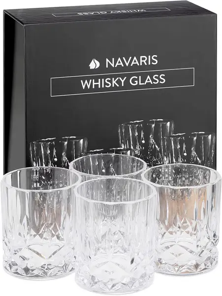 Navaris Glass Whiskey Tumblers (Set Of 4) - 9.8 oz Drinking Glasses And Gift Box - For Daily Use, Parties and Social Gatherings - Dishwasher-Safe