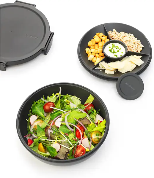 Brabantia - Make & Take Salad Bowl 1.3L - Removable Tray for Toppings & Dressing - Airtight Closure - Leakproof - Secure Click Closing - Suitable for Freezer - Dishwasher & Microwave Safe - Dark Grey