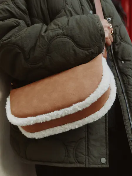  Shoulder Bag Tote Tan Brown PU Borg Sling Shoulder Bag