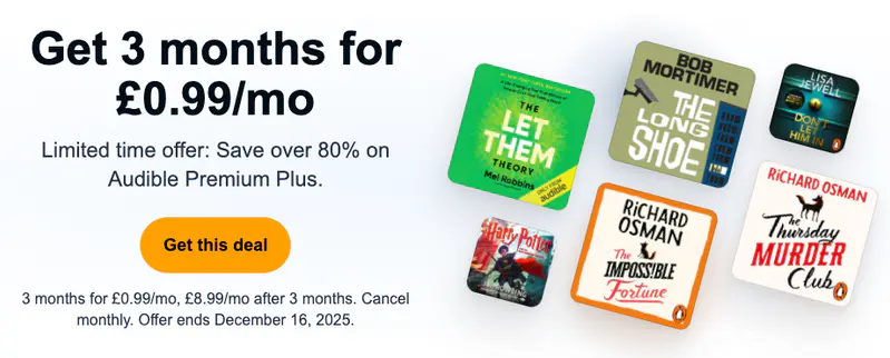 Audible - Get 3 months for £0.99/mo