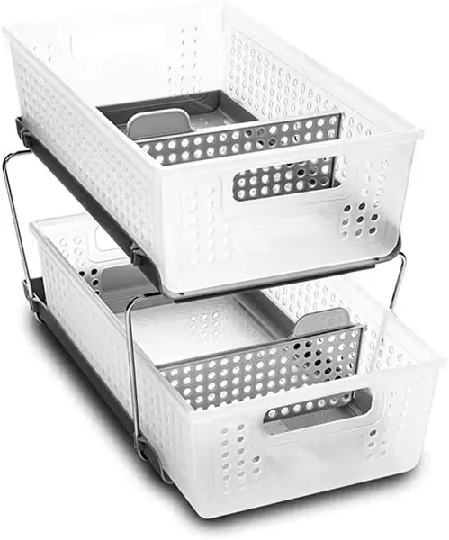 madesmart 2-Tier Plastic Multipurpose Organizer with Divided Slide-Out Storage Bins, Under Sink and Cabinet Organizer Rack, Frost