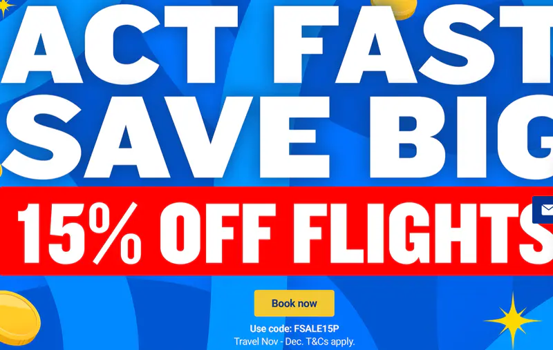 15% off flights (travel Nov-Dec) at Ryanair