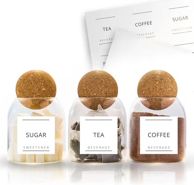 Fix Space Tea Coffee Sugar Canisters – Set of 3 Unique Cork Ball Glass Jars – Stylish Tea and Coffee Jars with Waterproof, Removable Labels – Ideal for Kitchen Organisation (500 ML)