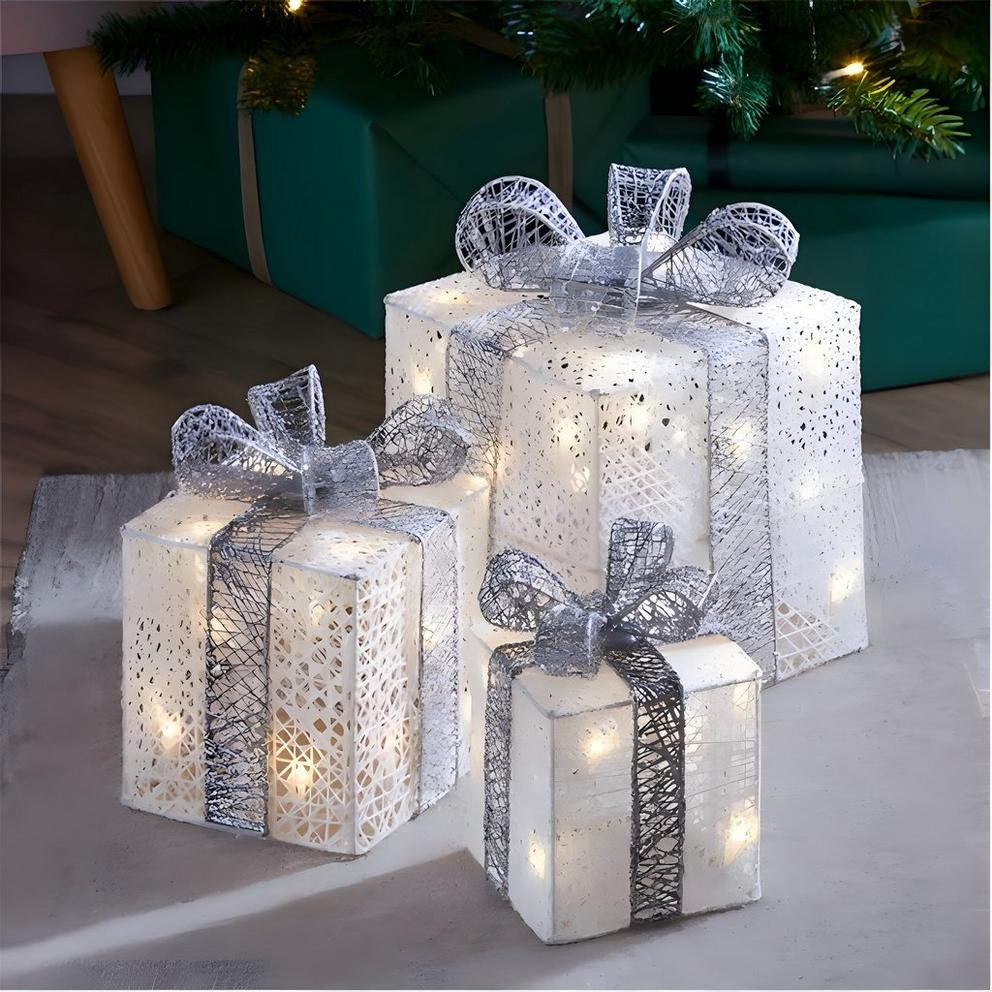 3 x LED Christmas Decor Gift Boxes - Indoors or Outdoors with Timer Function