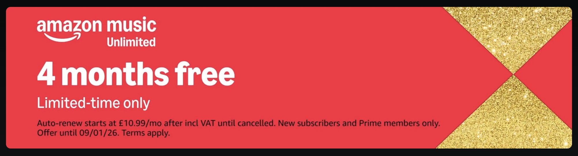 4 months free Amazon Music Unlimited (includes Audible)