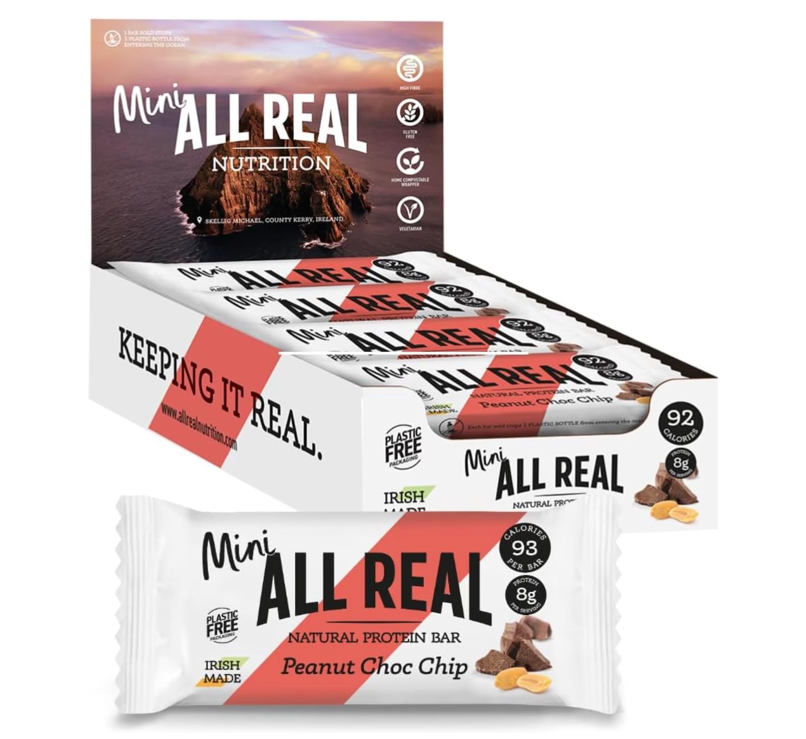 All Real Protein Mini Bars (All Real Mini Protein Bar, All-Natural Ingredients (16 × 25 g), Made in Ireland, Plastic-Free Packaging, Peanut Choc Chip)