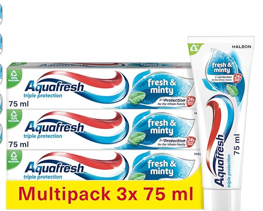 Aquafresh Toothpaste Triple Protection Fresh & Minty, 3 in 1 Protection, Pack of 3 x 75ml